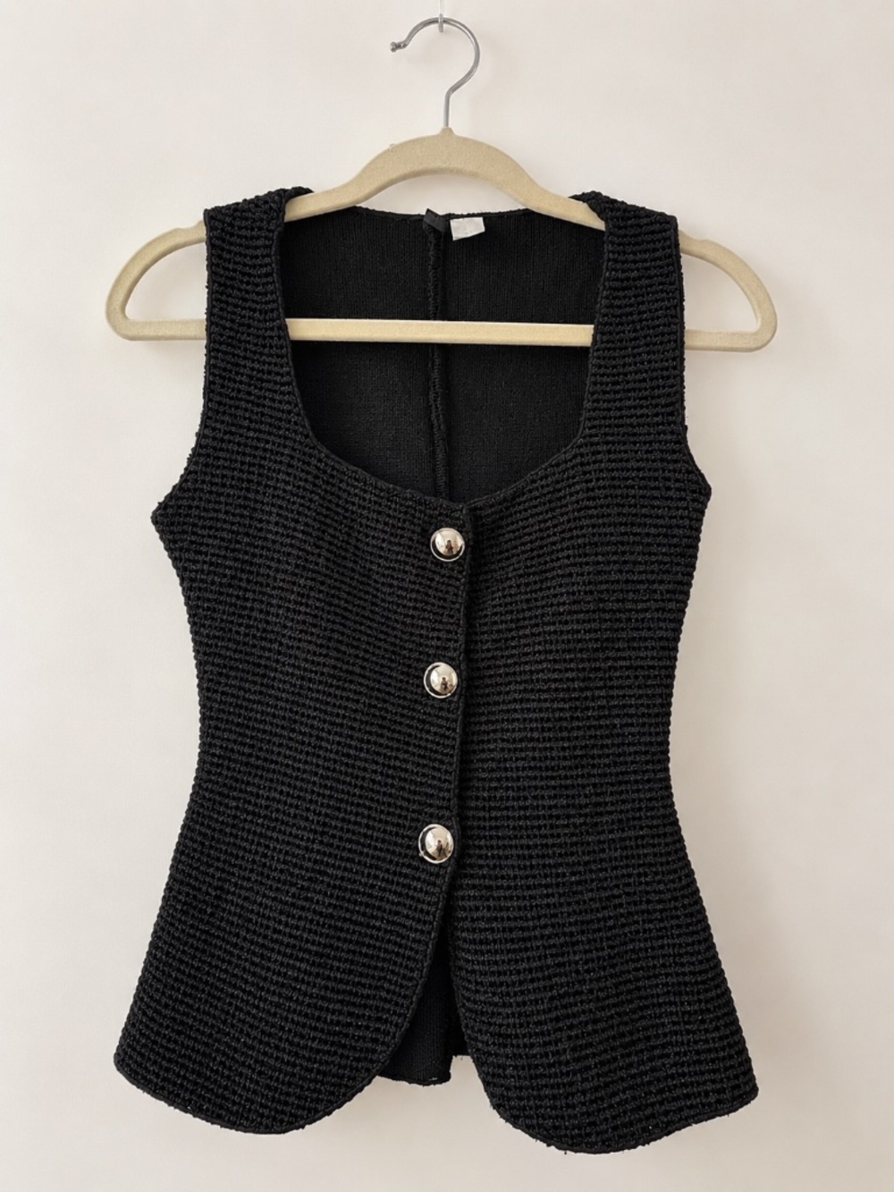 Black Textured Knit Button-Front Vest